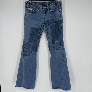 TRUE RELIGION JOEY PATCH TWISTED SEAM BLUE FLARE JEANS FLAP USA WOMEN’S 29 x 32